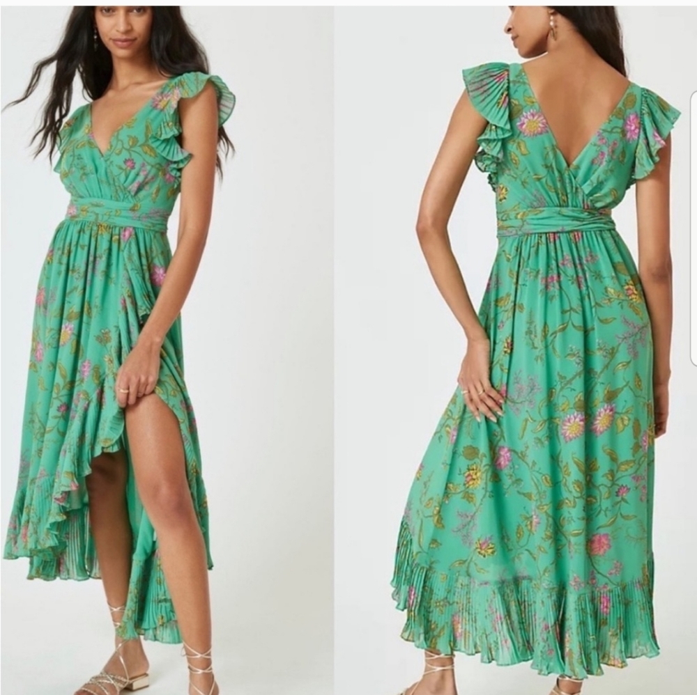 Anthropologie Floral Midi Dress Ruffle Sleeve Faux Wrap V-Neck 10
